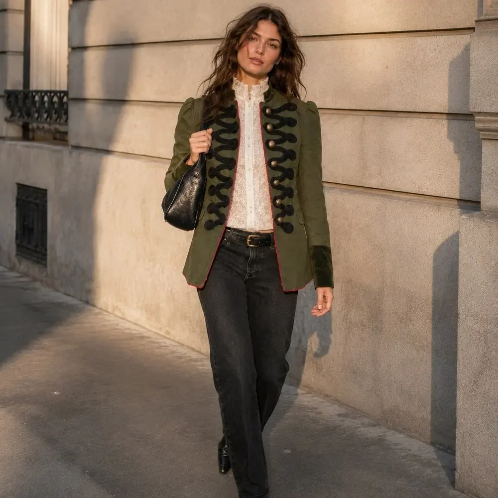 Free People Army Green Military Jacket XS Braided Trim Victorian Cotton